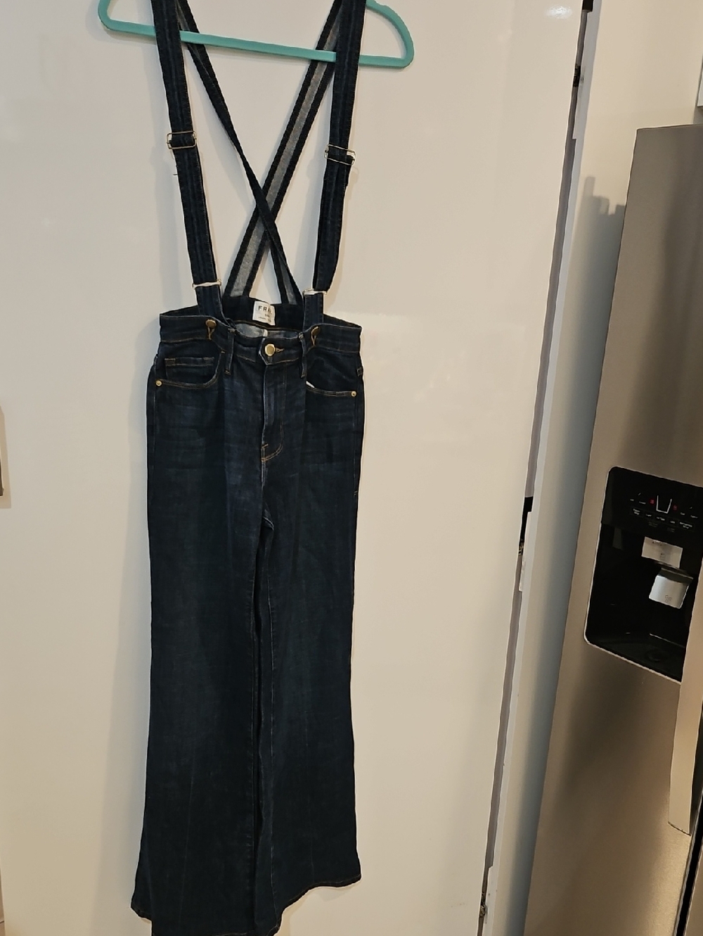 Frame Denim Dark Blue Wide-Leg Jeans with Adjustable Suspender Straps